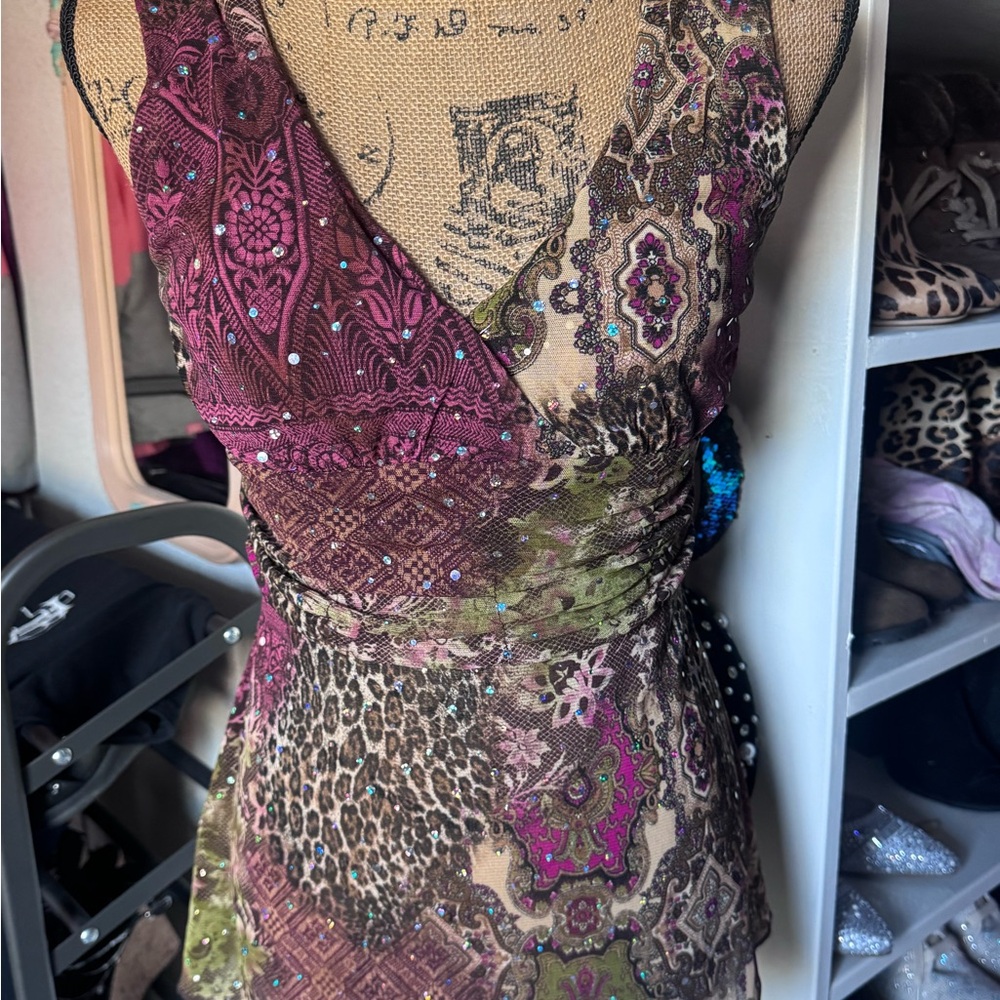 Multicolor V-Neck Dress with Leopard Print